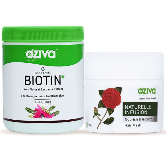 OZiva Plant Based Biotin 10000+ mcg (with Natural Sesbania Agati Extract), For Stronger Hair, 125g & OZiva Naturelle Infusion Nourish & Growth Hair Mask (with Rosemary) for Hair Growth (Combo Pack)