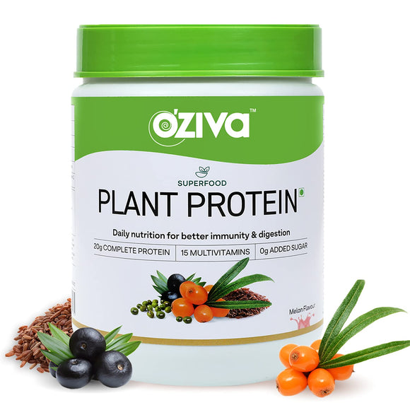 OZiva Superfood Plant Protein (Protein for Beiginners with 20g of Complete Protein Powder, Essential Vitamins & Minerals) for Boosting Immunity, Energy & Better Digestion, Melon, 500g