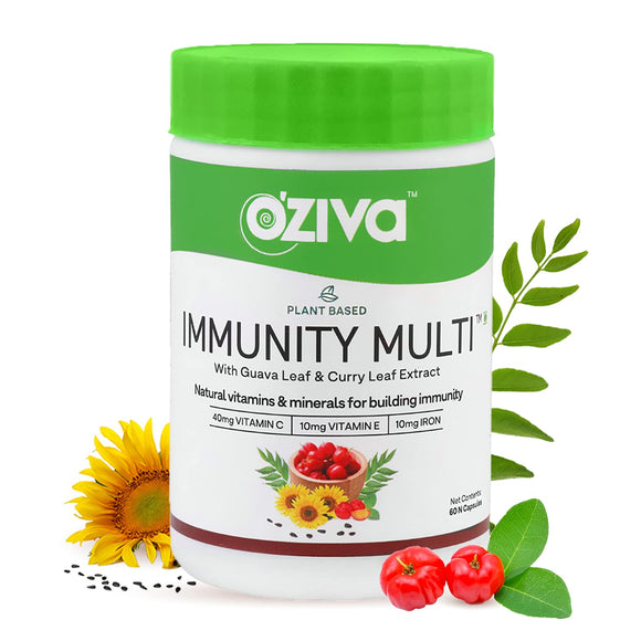 OZiva Plant Based Immunity Multi with Multivitamins A, C, D3, E, Minerals Iron, Zinc, Guava Leaf & Curry Leaf extracts, to boost immunity, Immunity Multi