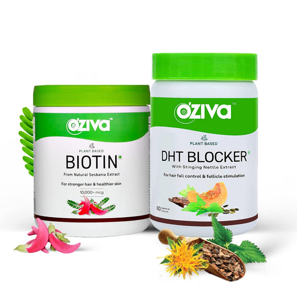 OZiva Plant Based Biotin 10000+ mcg (with Natural Sesbania Agati Extract), For Stronger Hair, 125g & OZiva Plant Based DHT Blocker (With Stinging Nettle & Pine Bark) for Hairfall Control, 60 Capsules