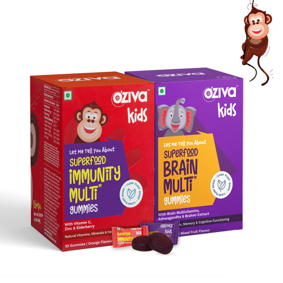 OZiva Superfood For Super Kids (Immunity + Brain Multi Vitamin Gummies) For 5 years & Above | Pack Of 2 - 30 Gummies Each | With Vitamin C, Zinc, Brahmi & Ashwagandha
