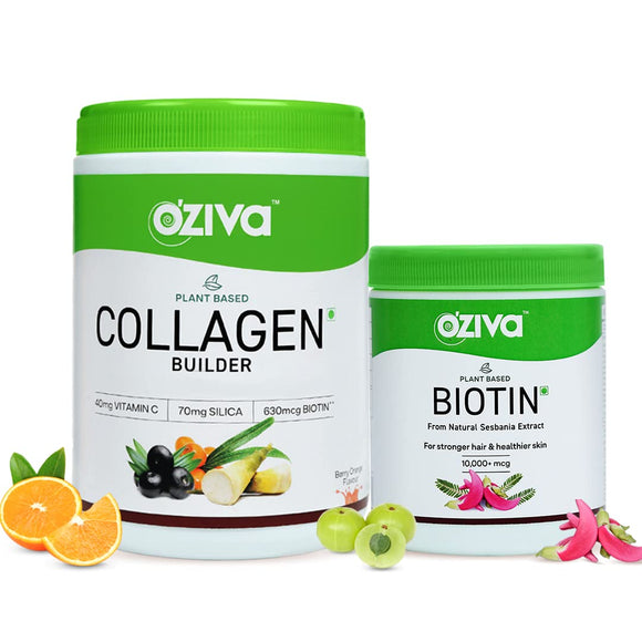OZiva Plant Based Collagen Builder ( With Vitamin C) Classic, 250g & OZiva Plant Based Biotin 10000+ mcg (with Natural Sesbania Agati Extract) For Stronger Hair & Healthier Skin, 125g(Combo Pack)