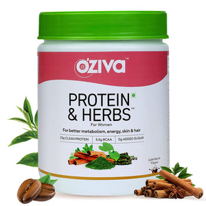 OZiva Protein & Herbs, Women, (Natural Protein Powder with Ayurvedic Herbs like Shatavari, Giloy, Curcumin & Multivitamins for Better Metabolism, Skin & Hair) Cafe Mocha, 500g