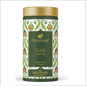 Octavius Tulsi Lemongrass Green Tea Loose Leaf - 75 Gms (35 Cups) | Detox Tea | Superior Loose leaf Flavour Experience| Low Caffeine |All Natural Blend |No artificial flavors | Rich In Antioxidants |