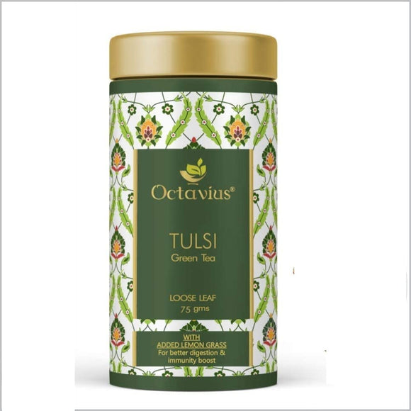 Octavius Tulsi Lemongrass Green Tea Loose Leaf - 75 Gms (35 Cups) | Detox Tea | Superior Loose leaf Flavour Experience| Low Caffeine |All Natural Blend |No artificial flavors | Rich In Antioxidants |
