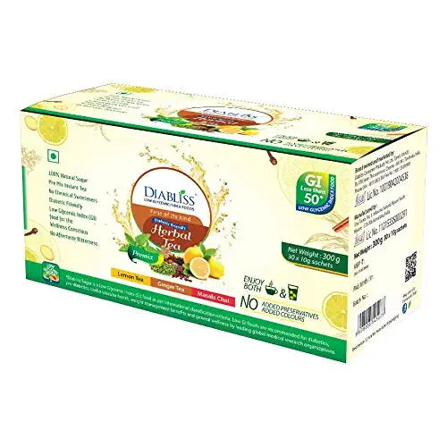 Diabliss Diabetic Friendly Herbal Tea Premix Combo Pack - Lemon, Ginger, Masala Chai - 30 x 10g Sachets - Pack of 3(90 Sachets) Sugar Free Alternative