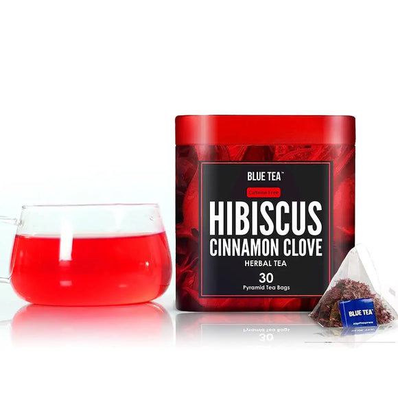 BLUE TEA - Hibiscus Cinnamon and Clove Tea | 30 Pyramid Teabags | Caffeine Free - Herbal Tea | Premium Tin Pack
