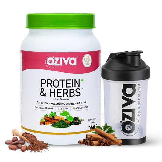 OZiva Protein & Herbs, Women,Natural Protein Powder with Ayurvedic Herbs like Shatavari, Giloy, Curcumin & Multivitamins for Better Metabolism Skin & Hair, Chocolate, 1kg + Black Shaker