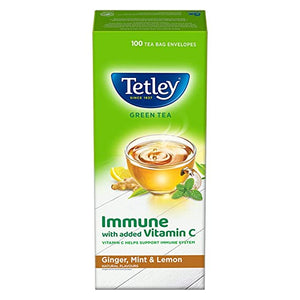 Tata Tetley | Ginger, Mint & Lemon Flavored Green Tea | Immune with Added Vitamin C | 100 Tea Bags