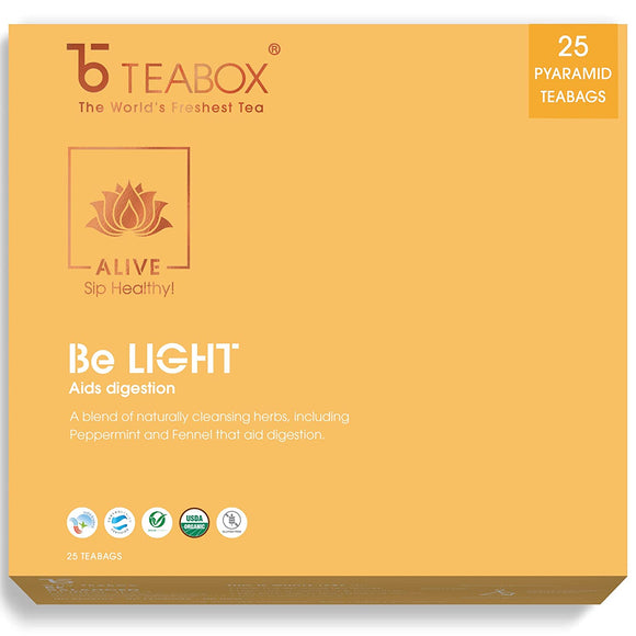 Teabox Be Light Herbal Tea Bags 25 Pieces | 0% Caffeine Wellness Tea for Improved Digestion | Made with Peppermint, Fennel and Exotic Ayurvedic Herbs