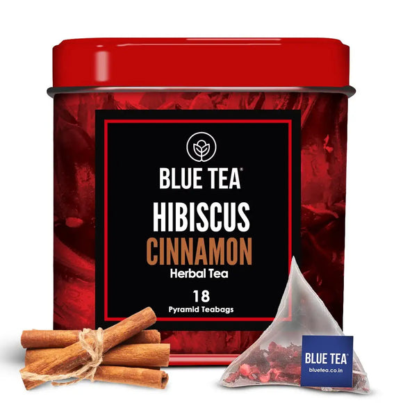 BLUE TEA - Hibiscus Cinnamon Tea – 18 Tea Bags || HIGH on ANTI-OXIDANT || Caffeine Free – Herbal Tea - Gluten Free - Non-GMO - Eco-Conscious Tin Packaging |