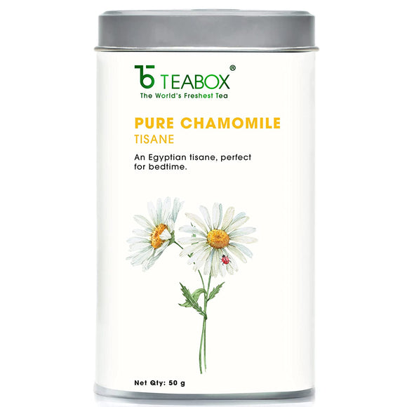 Teabox Pure Chamomile Tea for Stress Relief and Good Sleep | Made with 100% Natural Chamomile Flowers | 0% Caffeine | Contains 50 gm Tisane in Elegant and Air Tight Tin Caddy