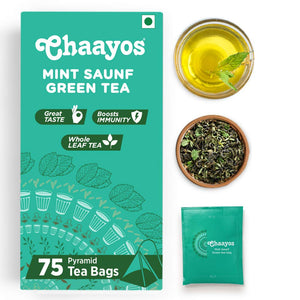 Chaayos Green Tea Bags - Mint Saunf (75 Pyramid Tea Bags) | Spearmint Tea and Fennel Flavoured Green Tea | Mint Organic Green Tea | Herbal Tea | Green Tea Leaves | Organic Tea