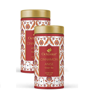 Octavius Cinnamon Anise Green Tea Tin Can - 100 Gms (50 Cups) Natural Cinnamon & Star Anise | Promotes Weight Loss & Improves Immunity | Packed in Decorative Tin Box - (Pack of 2)