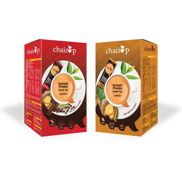 Chaizup Instant Ginger and Masala Premix Tea - Karak Ready to Drink Chai with Low Sugar |Aromatic and Flavoured Tea | Instant Premix Tea| Masala Tea Powder | Combo Pack (10*2)