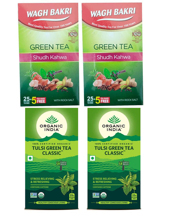 Wagh Bakri Shudh Kahwa 25 Tea Bags + 5 Tea bags Free ( Pack of 2 ) With 2 Organic India Tulsi green tea