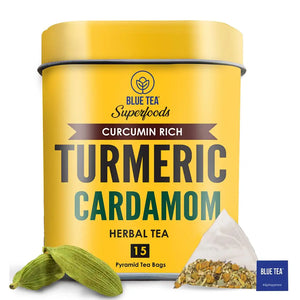 BLUE TEA- Organic Turmeric Tea with Cardamom| 15 Pyramid Tea Bags | Herbal IMMUNITY Booster Tea | Plastic-Free | Non-GMO