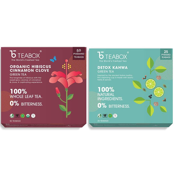 Teabox Hibiscus Cinnamon Clove Green Tea For Healthy Heart, Natural Hibiscus & Detox Kahwa Green Tea Bags 25 Pieces | For Natural Body Cleanse & Cold Relief | Made with 100% Indian Herbs & Spices