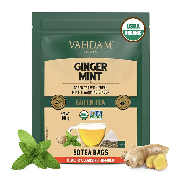 VAHDAM Organic Ginger Tea - 50 Units |Green Tea Bags for Weight Loss | USDA Certified | Refreshing Detox Tea with Ginger & Mint, 50 Pyramid Tea Bags