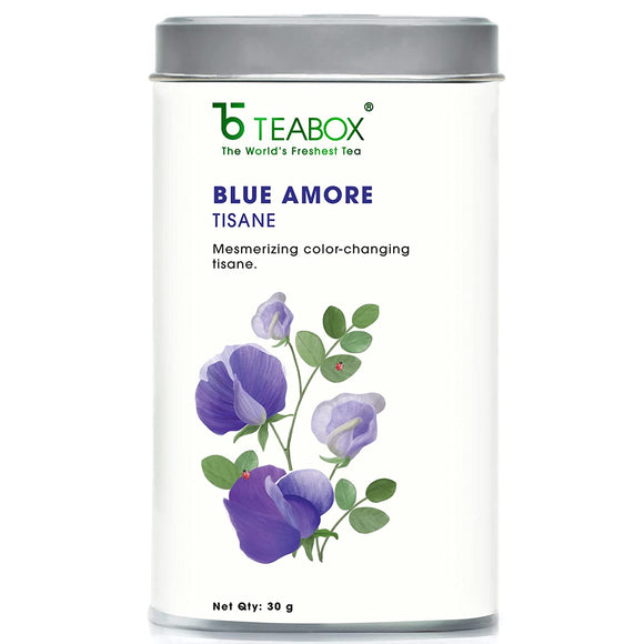 Teabox Exotic Blue Amore (Blue Pea / Aparajita) Tea, 100% Natural Anti-Oxidant Butterfly Pea Flower Tisane Jar, Contains 30 gm Tisane in Elegant and Air Tight Tin Caddy