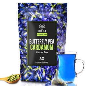 BLUE TEA - Butterfly Pea Cardamom Herbal Tea - 30 Pyramid Tea Bags | Premium Zipper Pack | Caffeine Free Herbal Tea | 60 Gram