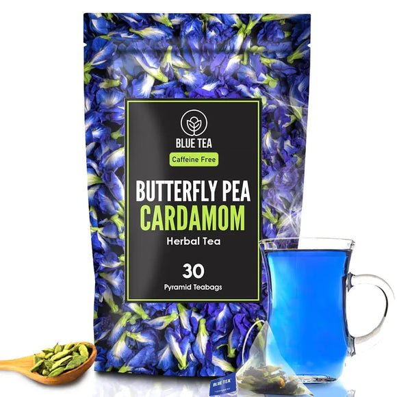 BLUE TEA - Butterfly Pea Cardamom Herbal Tea - 30 Pyramid Tea Bags | Premium Zipper Pack | Caffeine Free Herbal Tea | 60 Gram