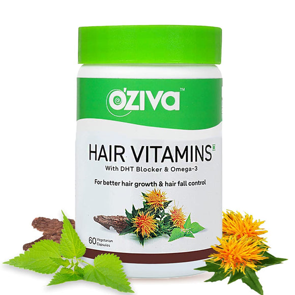 OZiva Hair Vitamins (With DHT Blocker, Omega 3, Iron, Zinc and Biotin) For Better Hair Growth, Hair Nourishment, Hairfall Control, and Follicle Shrinking, 60 Capsules
