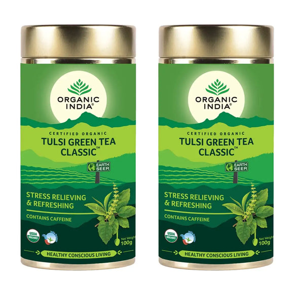 Organic India Tulsi Tea Classic 100 GM Tin (Pack of 2) (Green Tea Classic)