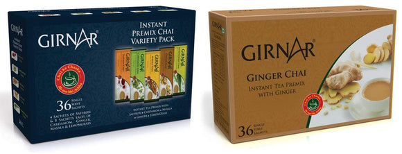 Girnar Instant Premix Chai - Variety Pack (36 Sachets) + Girnar Instant Premix With Ginger (36 Sachets)