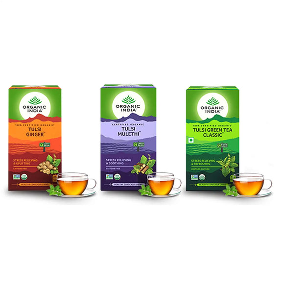 Organic India Tulsi Ginger, Tulsi Mulethi & Green Tea Classic Combo Pack ( 25 Tea Bag Each)