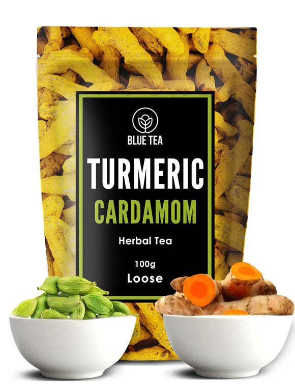 BLUE TEA - Turmeric Cardamom Tea -100 gm || INDIAN SUPERFOOD || Turmeric Tea - High in Curcumin - Caffeine Free Herbal Tea | Eco-Conscious Zipper Pack |