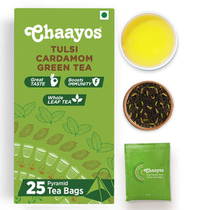 Chaayos Green Tea Bags - Tulsi Cardamom (25 Pyramid Tea Bags) | Tulsi and Cardamom Flavoured Green Tea | Organic Green Tea | Herbal Tea | Tulsi Green Tea | Organic Tea | Detox Green Tea
