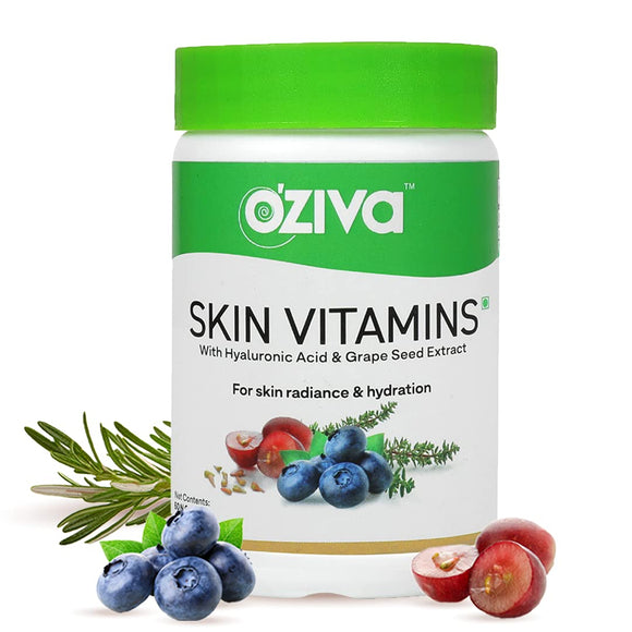 OZiva Skin Vitamins (With Hyaluronic Acid and Grape Seed Extract) for Radiant Skin & Hydration, 60 Capsules