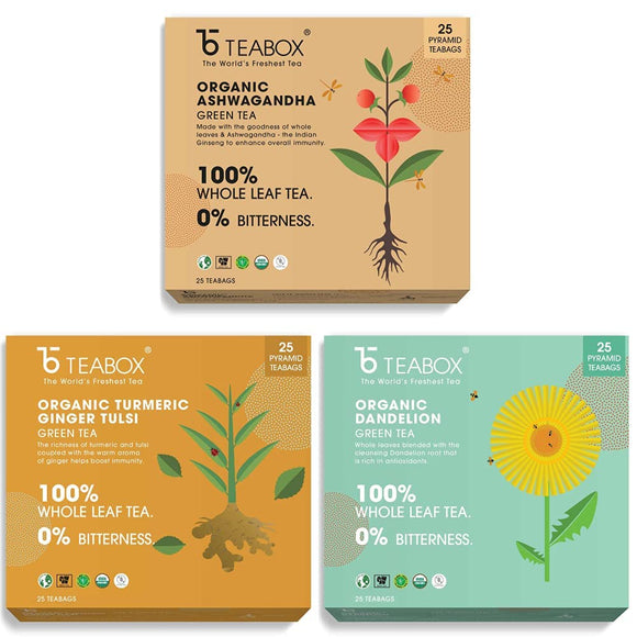 ONLYLEAF Ashwagandha Green Tea(WholeLeaf,NaturalAshwagandha,Cardamom) & Turmeric Ginger Tulsi Green Tea(WholeLeaf,NaturalGinger,Turmeric,Tulsi) & Dandelion Green Tea(WholeLeaf,NaturalDandelionRoots)
