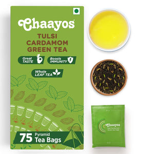 Chaayos Green Tea Bags - Tulsi Cardamom (75 Pyramid Tea Bags) | Tulsi and Cardamom Flavoured Green Tea | Organic Green Tea | Herbal Tea | Tulsi Green Tea | Organic Tea | Detox Green Tea