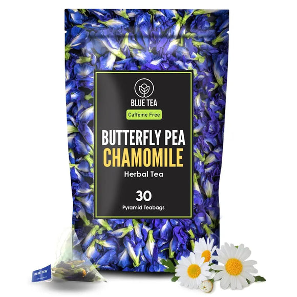 BLUE TEA - Butterfly Pea Chamomile Tea - 30 Pyramid Tea Bags || RELAX TEA || Makes Natural Iced Tea, Cooler, Cocktails , Mocktails | High on Anti Oxidants | Premium Zipper Packaging