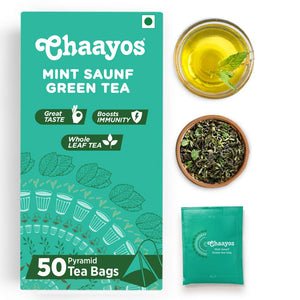 Chaayos Green Tea Bags - Mint Saunf (50 Pyramid Tea Bags) | Spearmint Tea and Fennel Flavoured Green Tea | Mint Organic Green Tea | Herbal Tea | Green Tea Leaves | Organic Tea