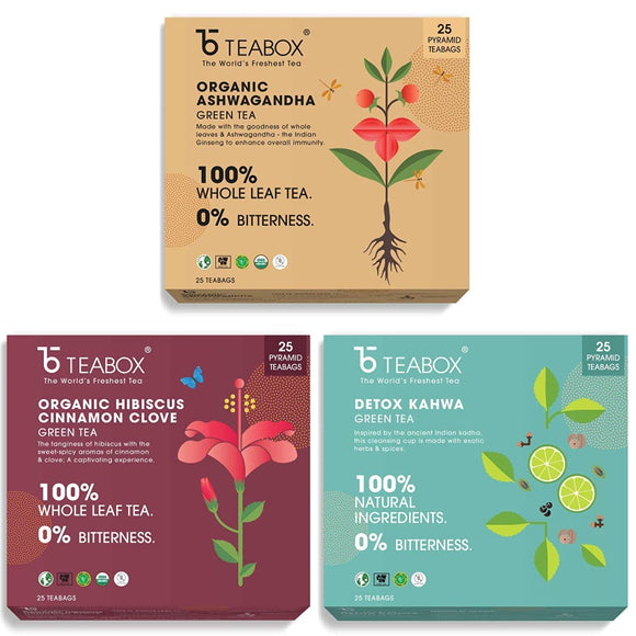 ONLYLEAF Ashwagandha Green Tea (Whole Leaf,Natural Ashwagandha,Cardamom) & Detox Kahwa Green Tea (Indian Herbs,Spices) & Hibiscus Cinnamon Clove Green Tea (Whole Leaf,Natural Hibiscus,Cinnamon,Clove)