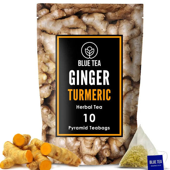 BLUE TEA - Ginger Turmeric Tea - 10 TB || SUPER DIGESTIVE || Ginger Tea | Caffeine-free Herbal Tea – Eco Conscious Zipper Pack |