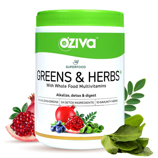 OZiva Superfood Greens & Herbs (Supergreens Powder with Alkalizing Greens & Herbs like Chollera, Spirulina, Amla,Triphala), for Better Digestion, Detox & Skin, 250g