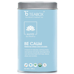 Teabox Be Calm Herbal Tea Loose Leaves 100 Grams| 0% Caffeine Wellness Tea for Stress Relief and Good Sleep | Made with Ashwagandha, Holy Basil and Exotic Ayurvedic Herbs