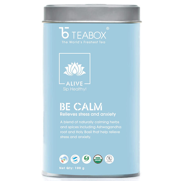 Teabox Be Calm Herbal Tea Loose Leaves 100 Grams| 0% Caffeine Wellness Tea for Stress Relief and Good Sleep | Made with Ashwagandha, Holy Basil and Exotic Ayurvedic Herbs