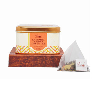 The Indian Chai - Kashmiri Kahwa Green Tea 15 Pyramid Bags, Whole Leaves Tea with Almonds, Cardamom, Clove, Cinnamon, Ginger, Rose Petal and Saffron