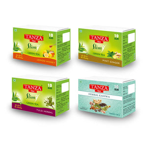 Tanza Tea Slim Green Tea | Combo Pack | 10 Tea Bags each of Herbal Kahwa, Lemon Honey, Mint Ginger, Tulsi Herbal.
