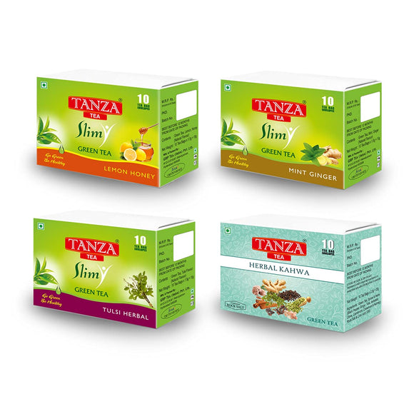 Tanza Tea Slim Green Tea | Combo Pack | 10 Tea Bags each of Herbal Kahwa, Lemon Honey, Mint Ginger, Tulsi Herbal.