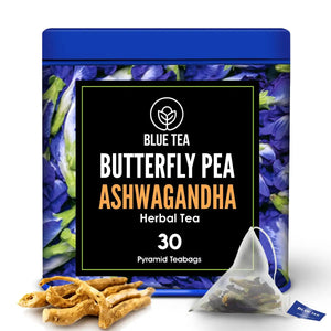 BLUE TEA - Butterfly Pea Flower Ashwagandha - 30 Pyramid Tea Bags | Premium Tin Pack | Makes Natural Blue Purple Pink Iced Tea, Cooler, Cocktails , Mocktails | Herbal Tea - Tisane