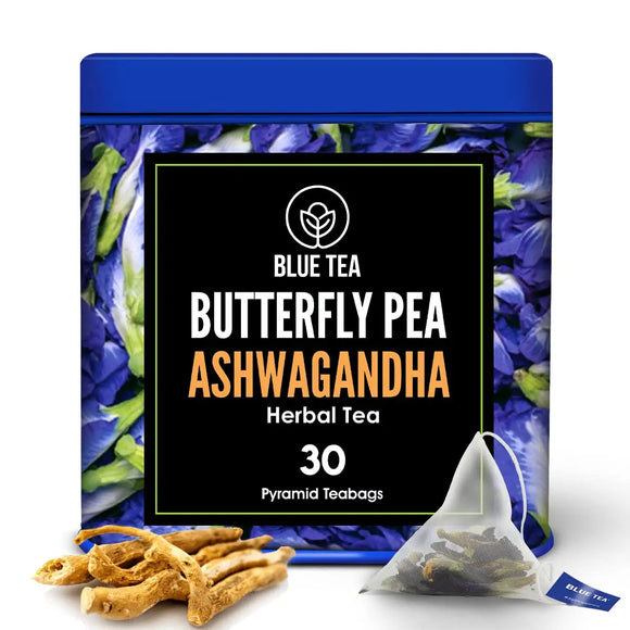 BLUE TEA - Butterfly Pea Flower Ashwagandha - 30 Pyramid Tea Bags | Premium Tin Pack | Makes Natural Blue Purple Pink Iced Tea, Cooler, Cocktails , Mocktails | Herbal Tea - Tisane