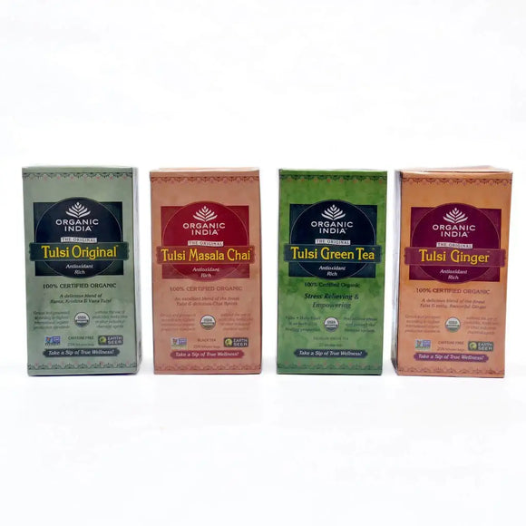 Organic India Antioxidant Tea Bags Combo Of Tulsi Original, Tulsi Masala Chai, Tulsi Green Tea & Tulsi Ginger (Pack Of 4) - 25 Tea Bags Each