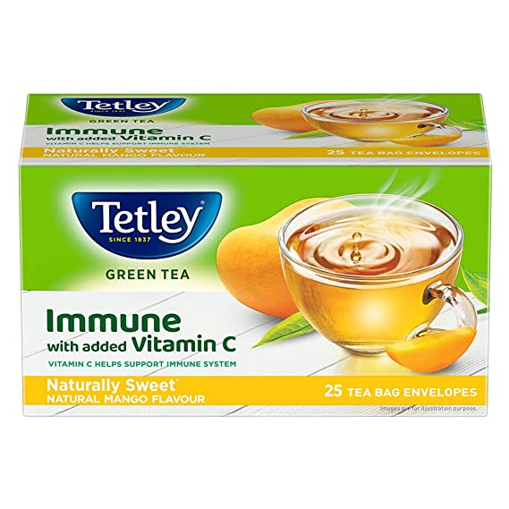 Tata Tetley | Naturally Sweet Green Tea with Mango Flavour | Immune with Added Vitamin C | Green Tea | 25 Tea Bags
