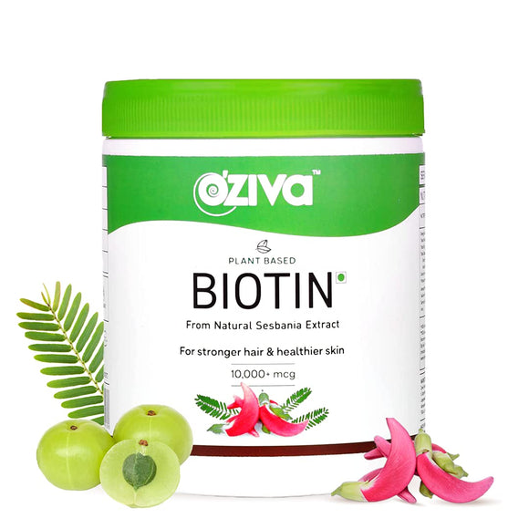 OZiva Plant Based Biotin 10000mcg+(with Amla to Support Hair Growth & Reduce Hairfall) for Men & Women, For Stronger Hair & Healthier Skin (Biotin Powder, 125gm)